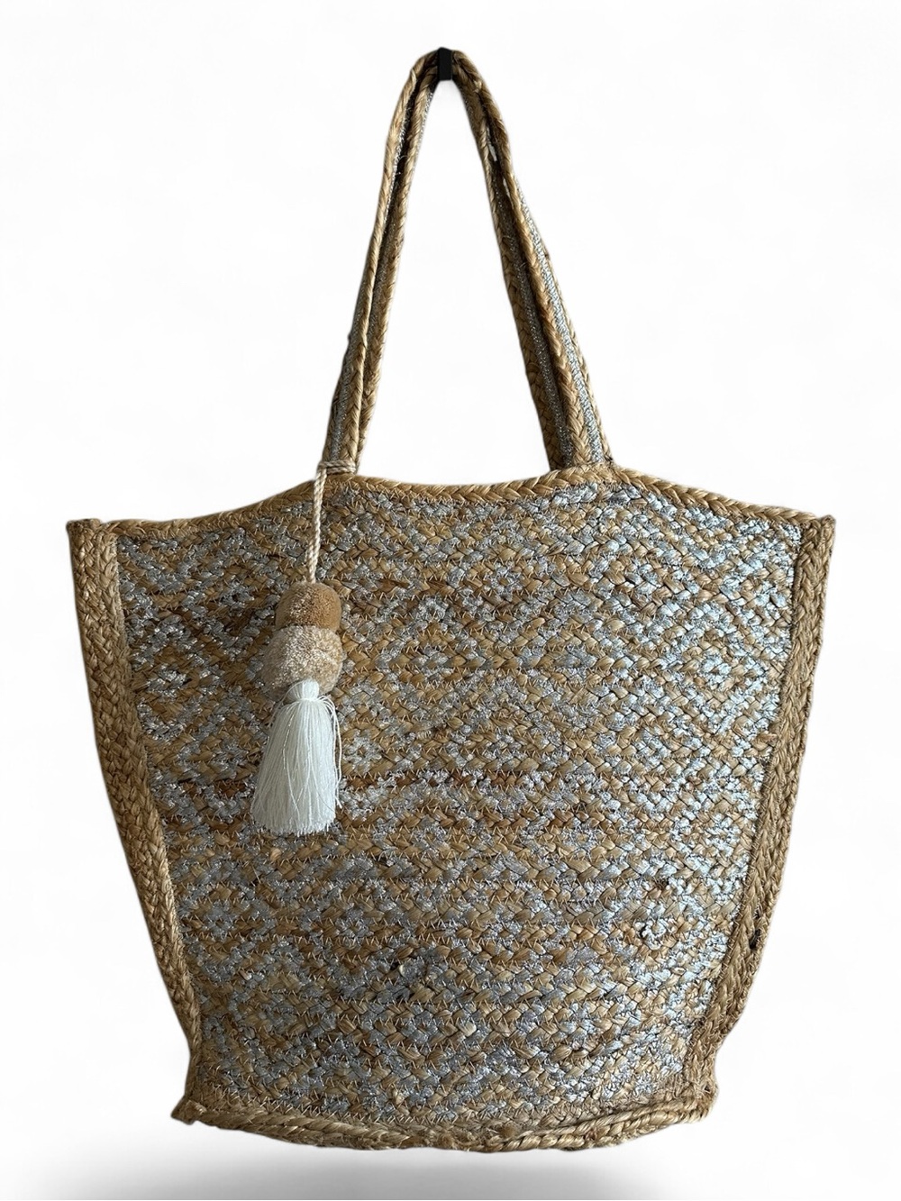 America & Beyond Large Metallic Silver Woven Jute Tote Bag Pom Pom Tassel Boho